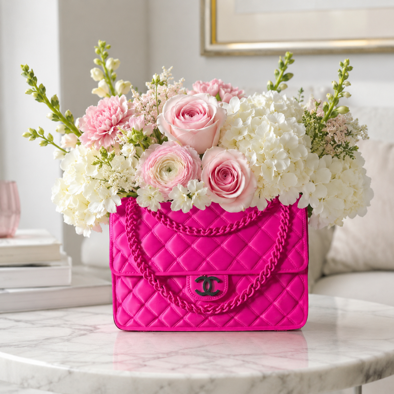 3D Printed Quilted Handbag Flower Vase – Hot Pink Floral Decor
