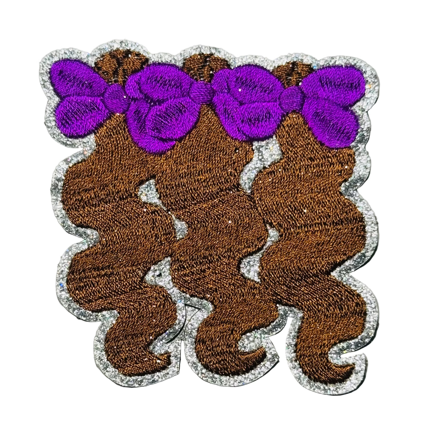 “Triple Bow Curly Hair Patch – Purple Bows (Silver Outline)”