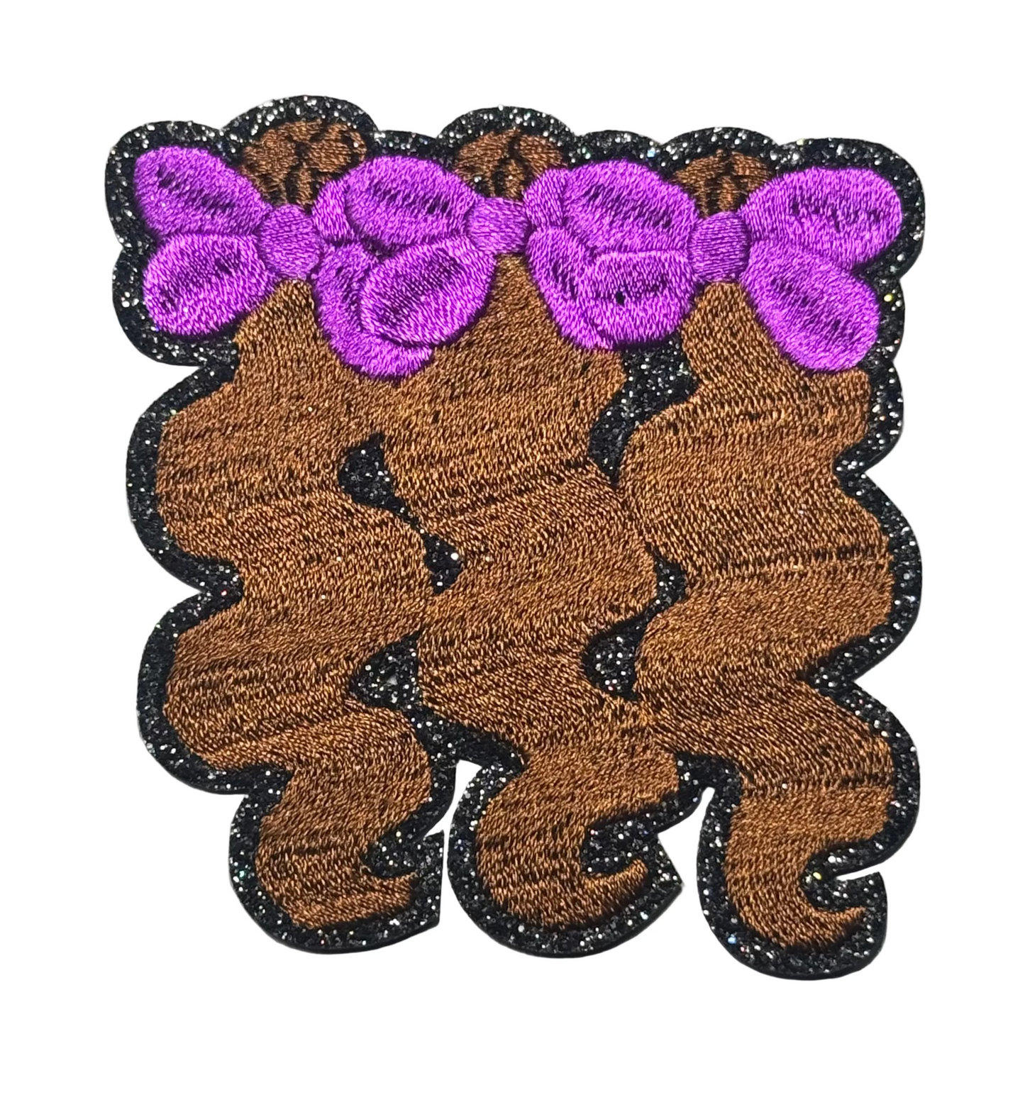 “Triple Bow Curly Hair Patch – Purple Bows (Black Glitter Outline)”