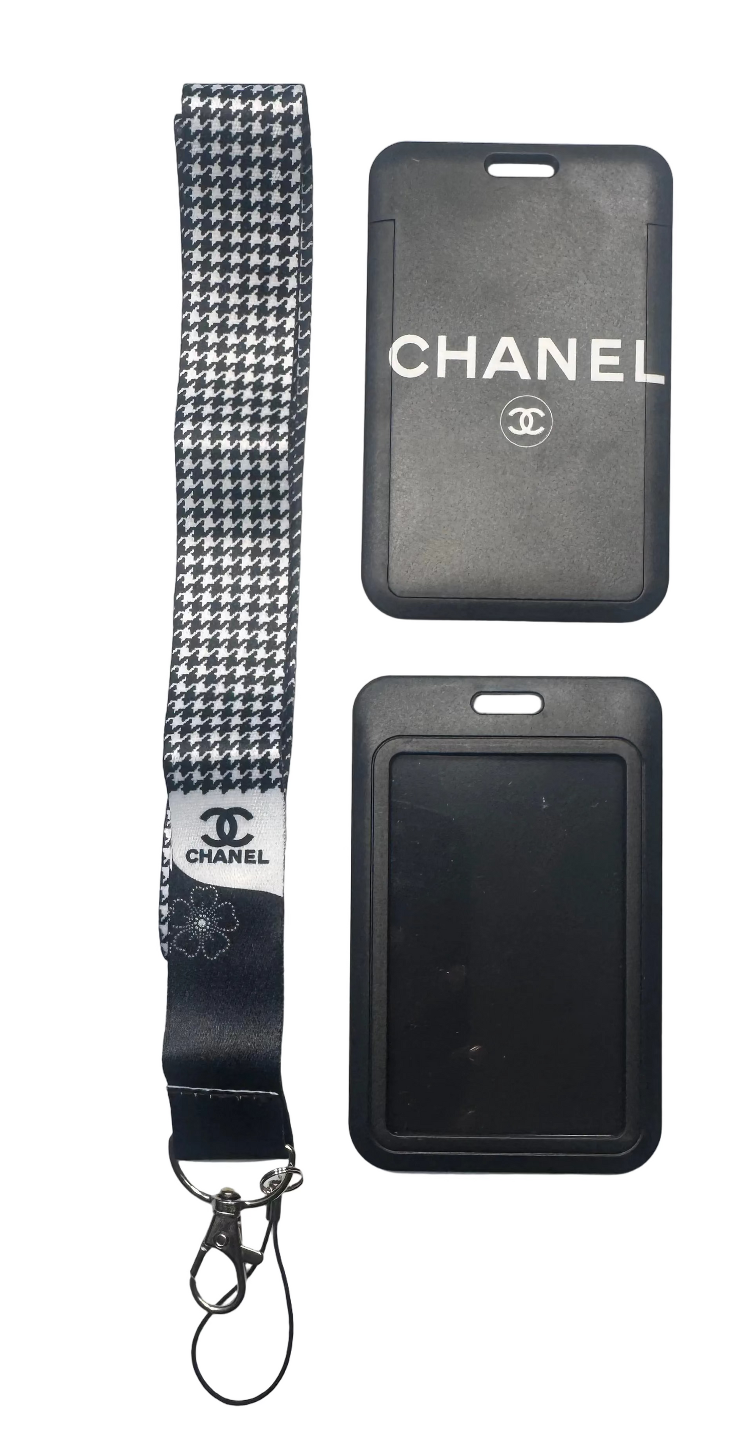 C C 2 PC BLK/WHITE CHANEL WORD ID LANYARD