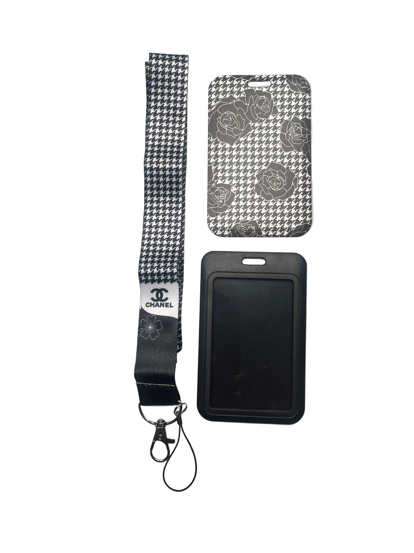 C C 2 PC BLK/WHITE FLOWER ID LANYARD
