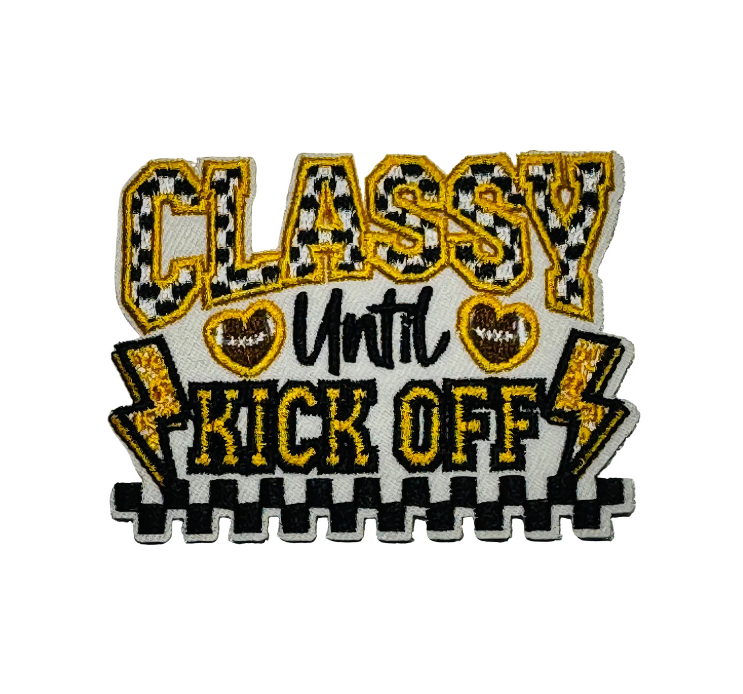Classy Until Kickoff” Lightning Iron-On Patch Yellow