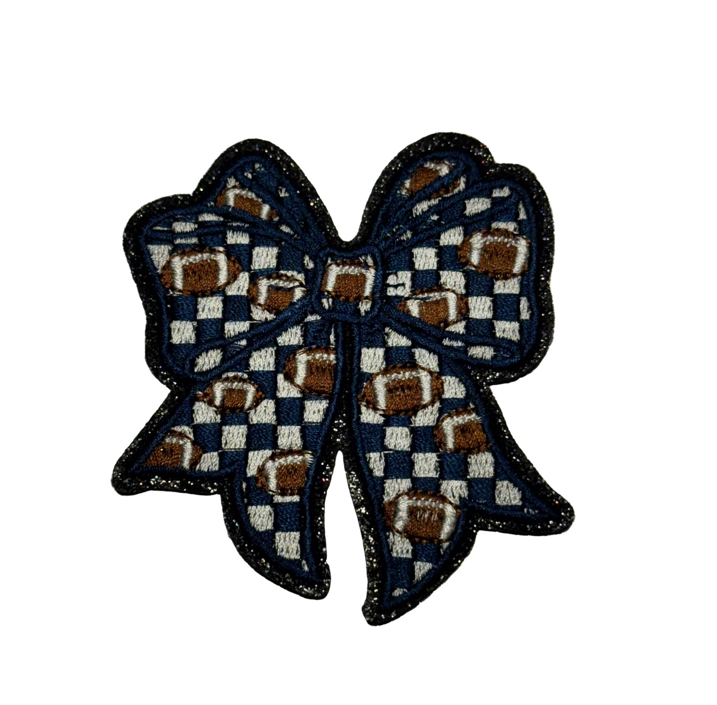 Football Checkered Bow Iron-On Patch Blue