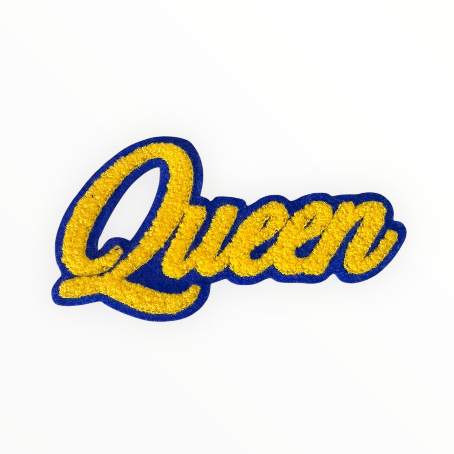 Queen chenille script patch blue yellow