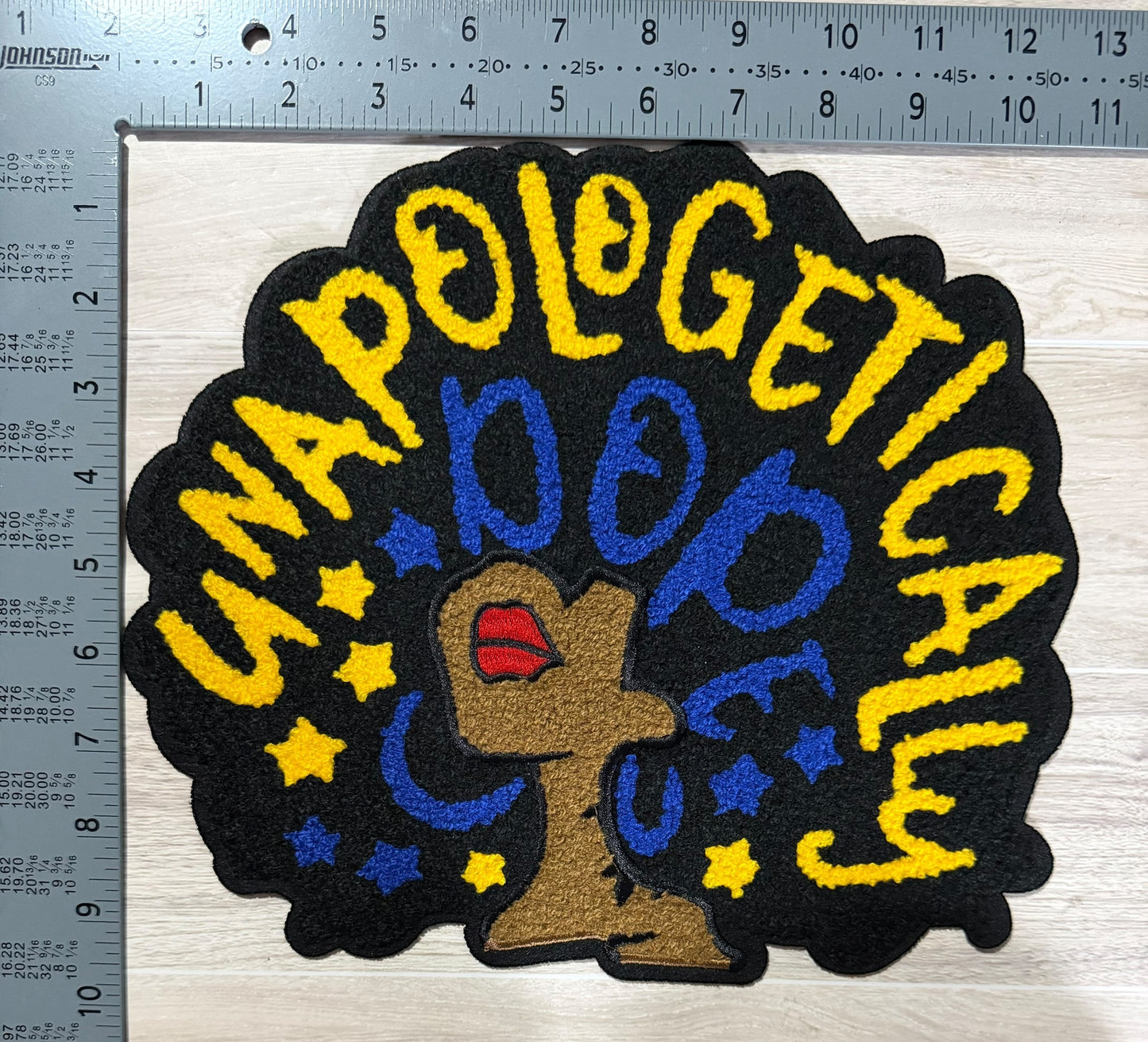 Unapologetically dope afro chenille patch – blue and gold