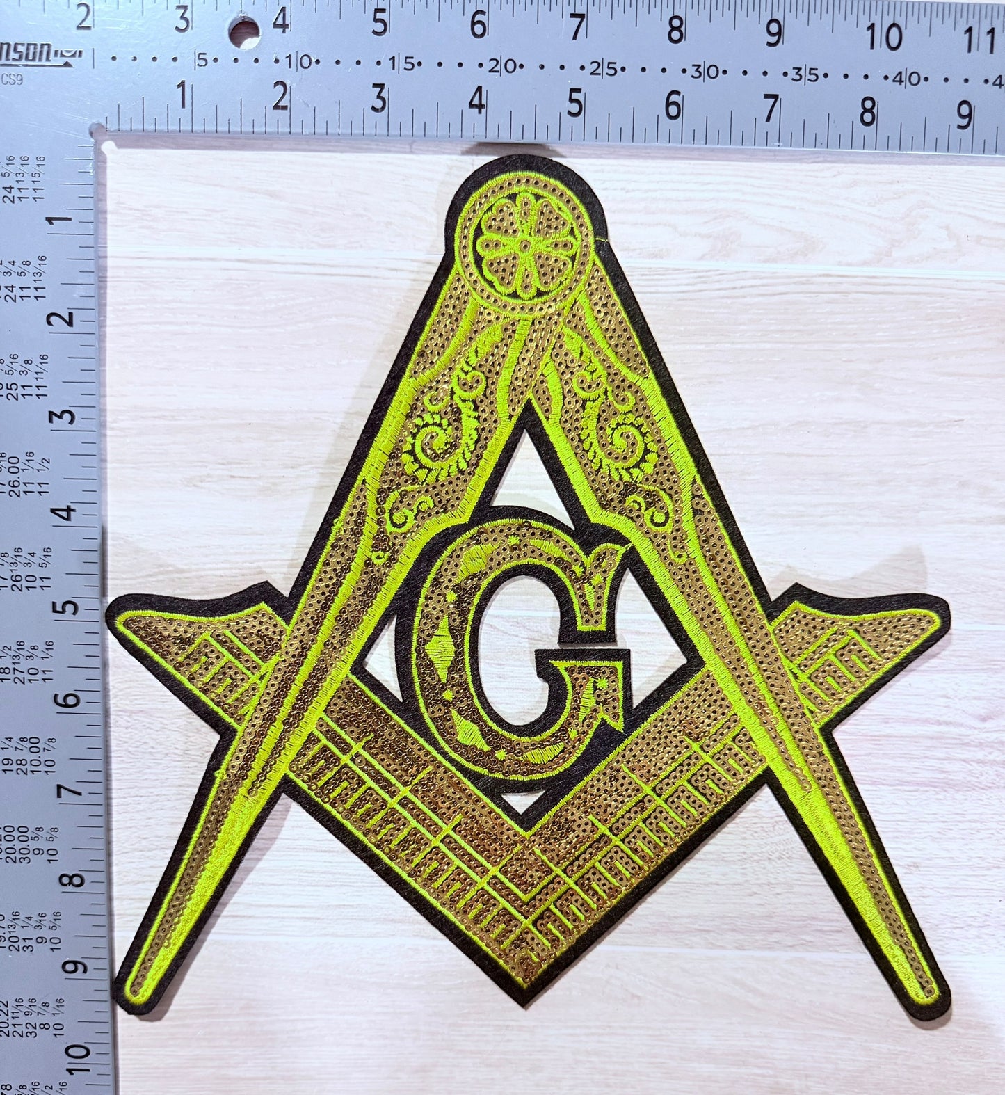 Freemason square and compass sequin patch – blue