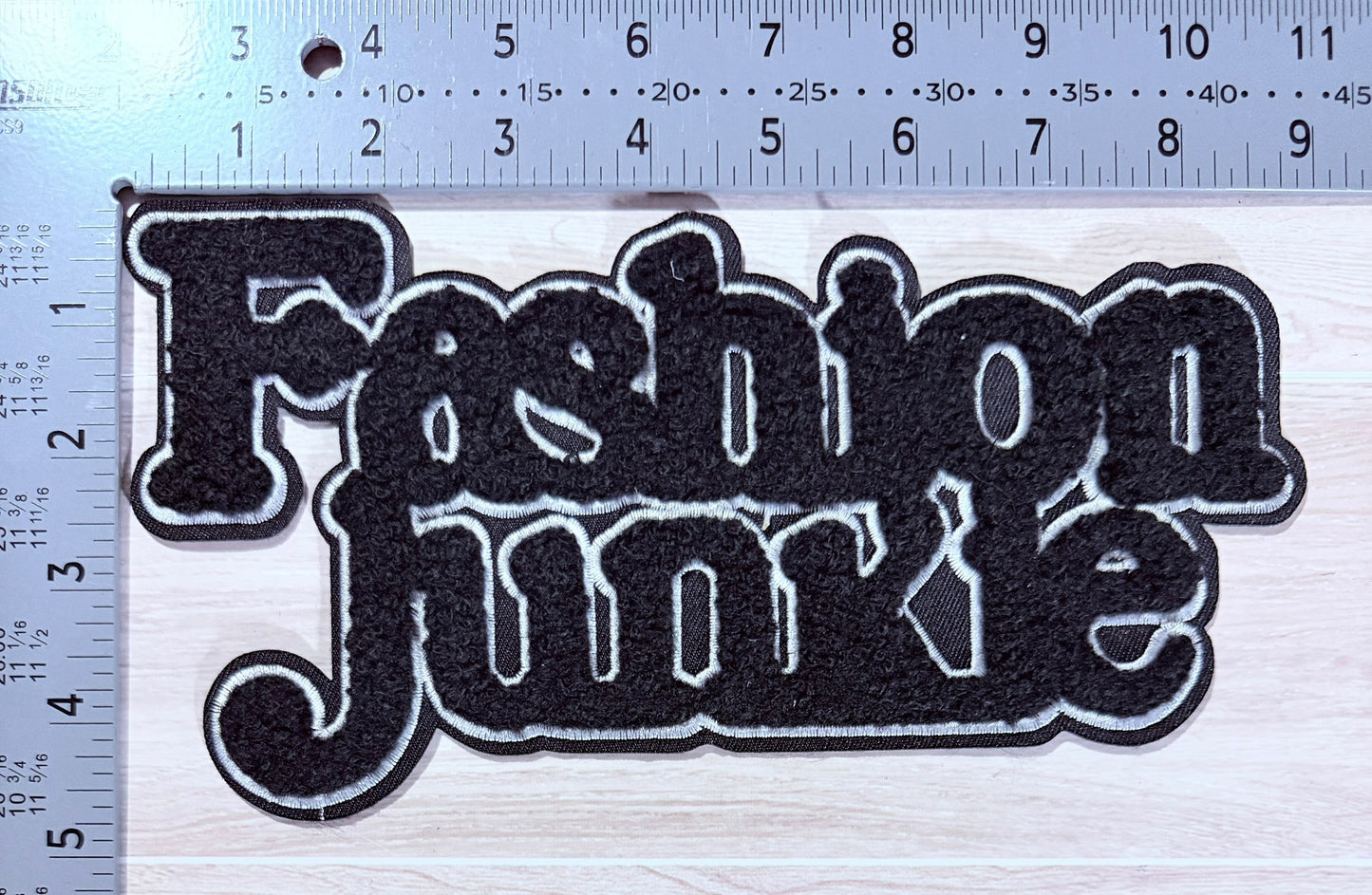 Fashion junkie chenille script patch