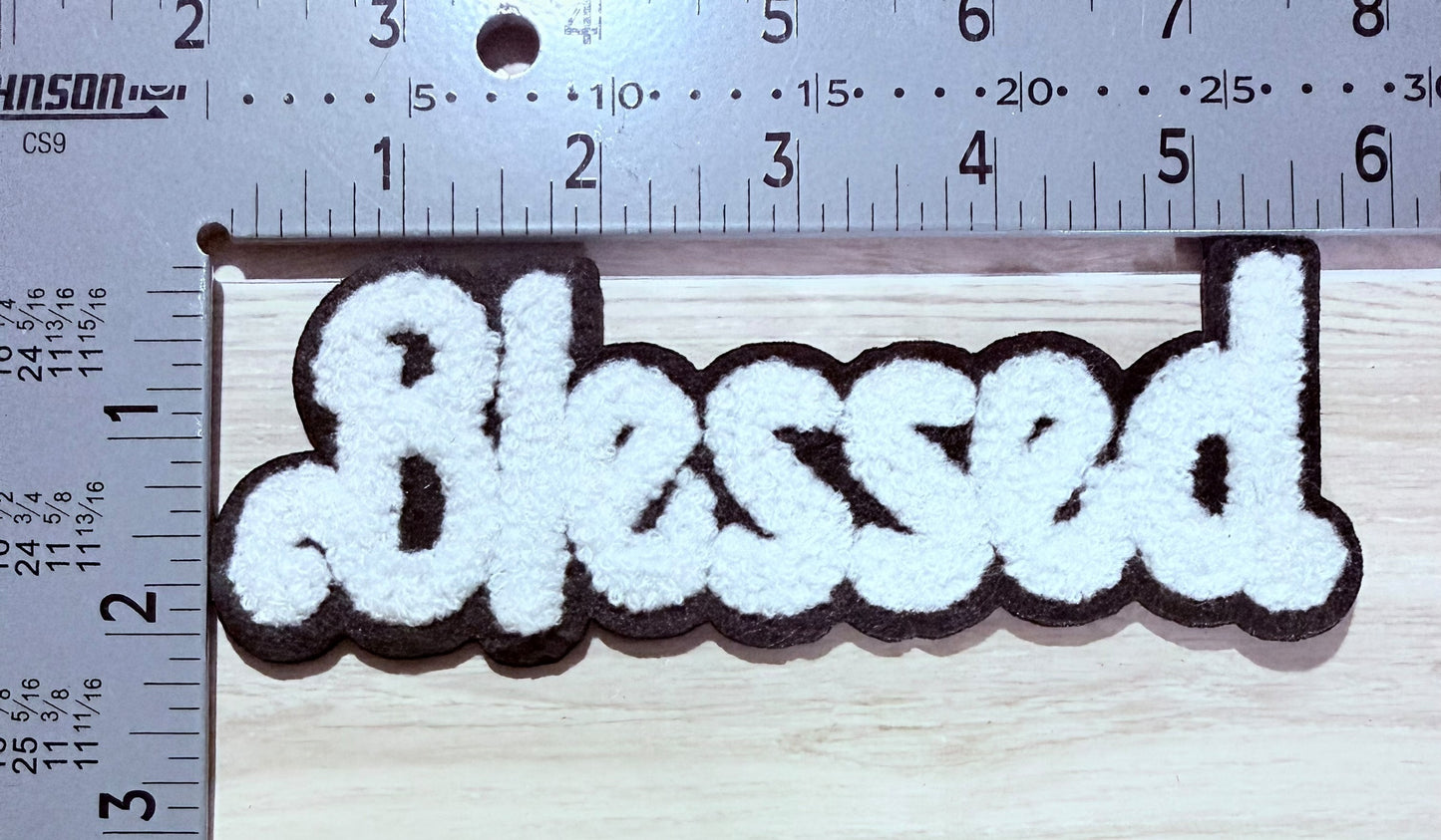 Blessed chenille script patch – white