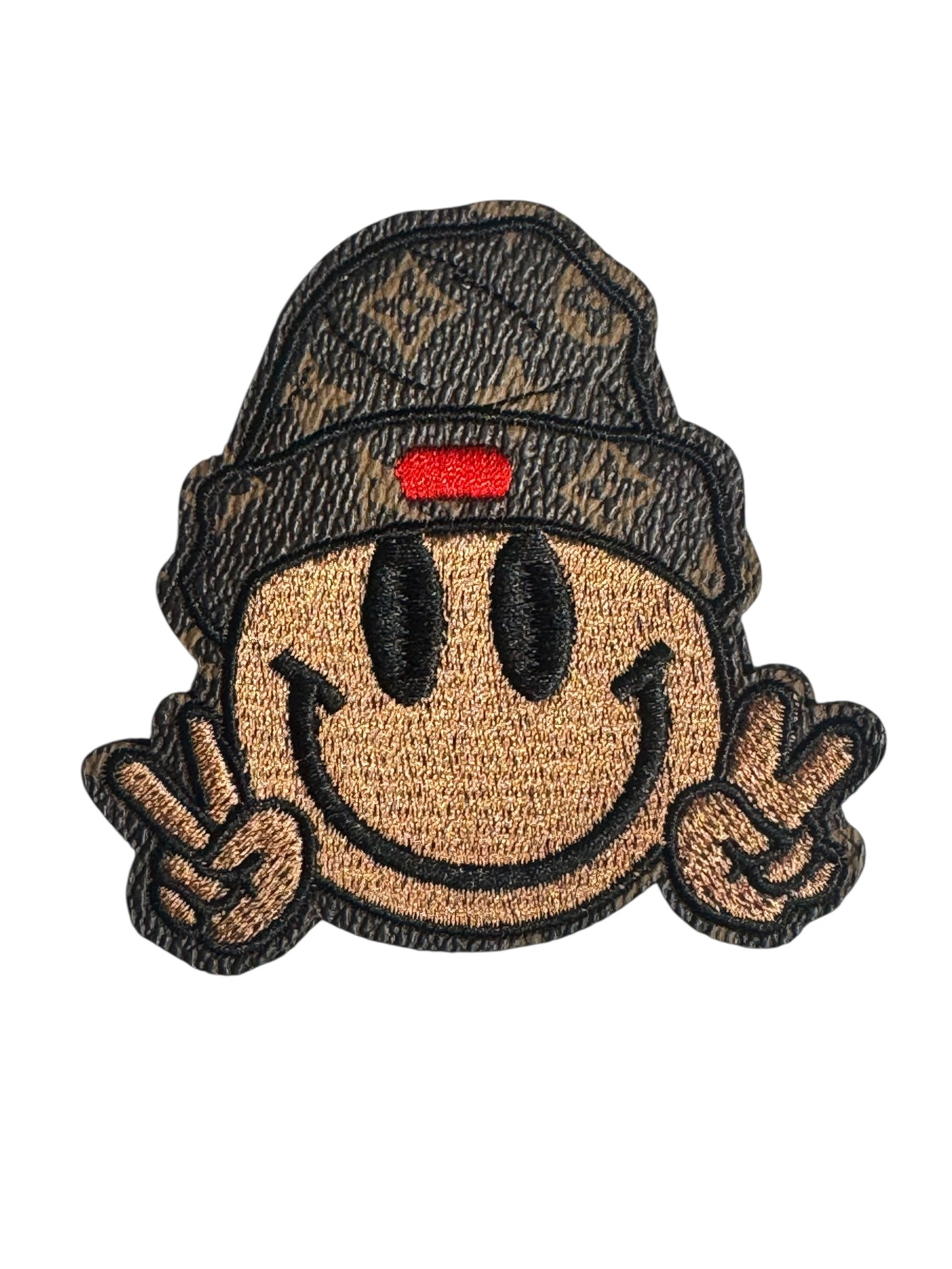 LV-INSPIRED BROWN FAUX LEATHER SMILEY FACE