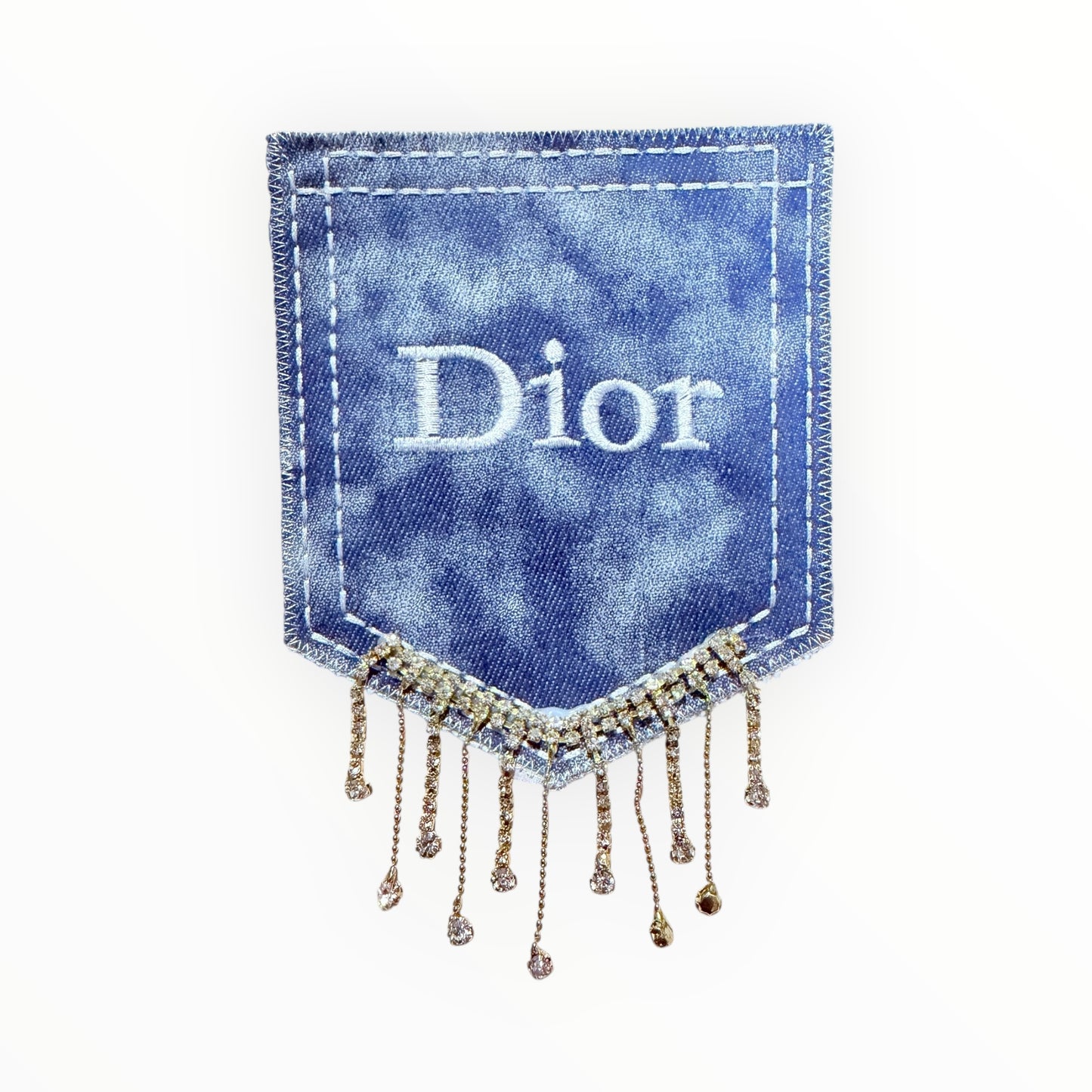 Denim Dior pocket patch with gold rhinestone fringe