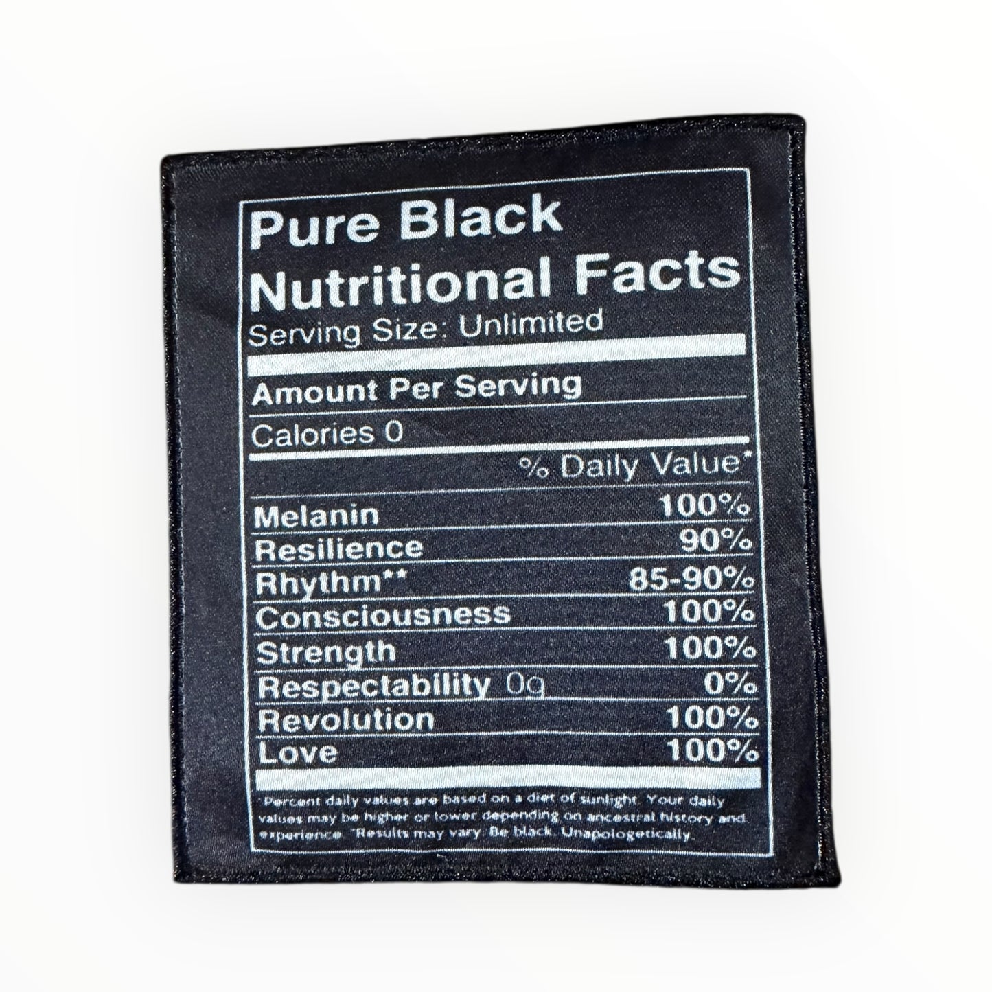 Pure black nutrition facts embroidered patch