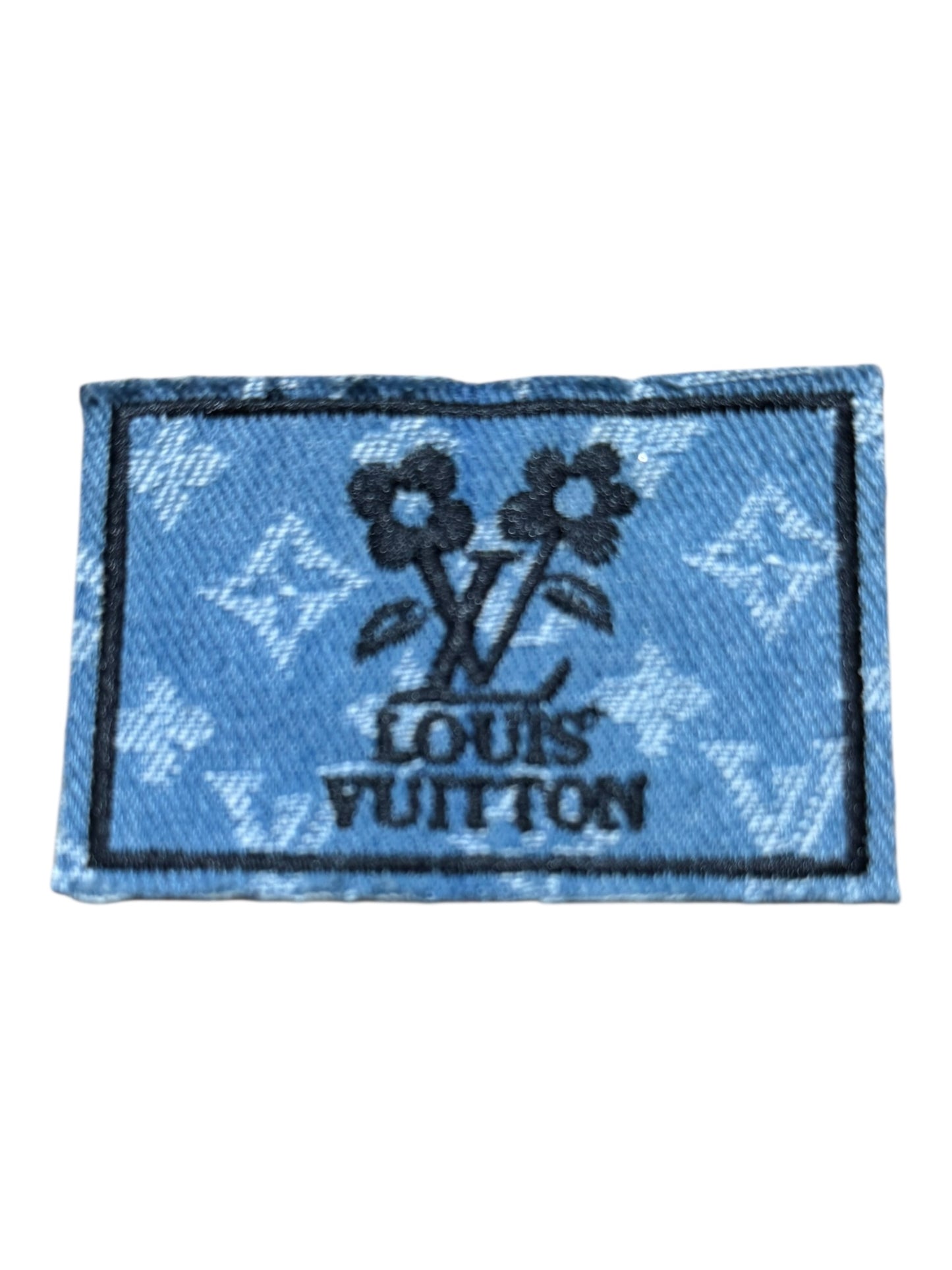 LV-INSPIRED LIGHT BLUE DENIM SQUARE W/BLACK FLOWER & WORDS