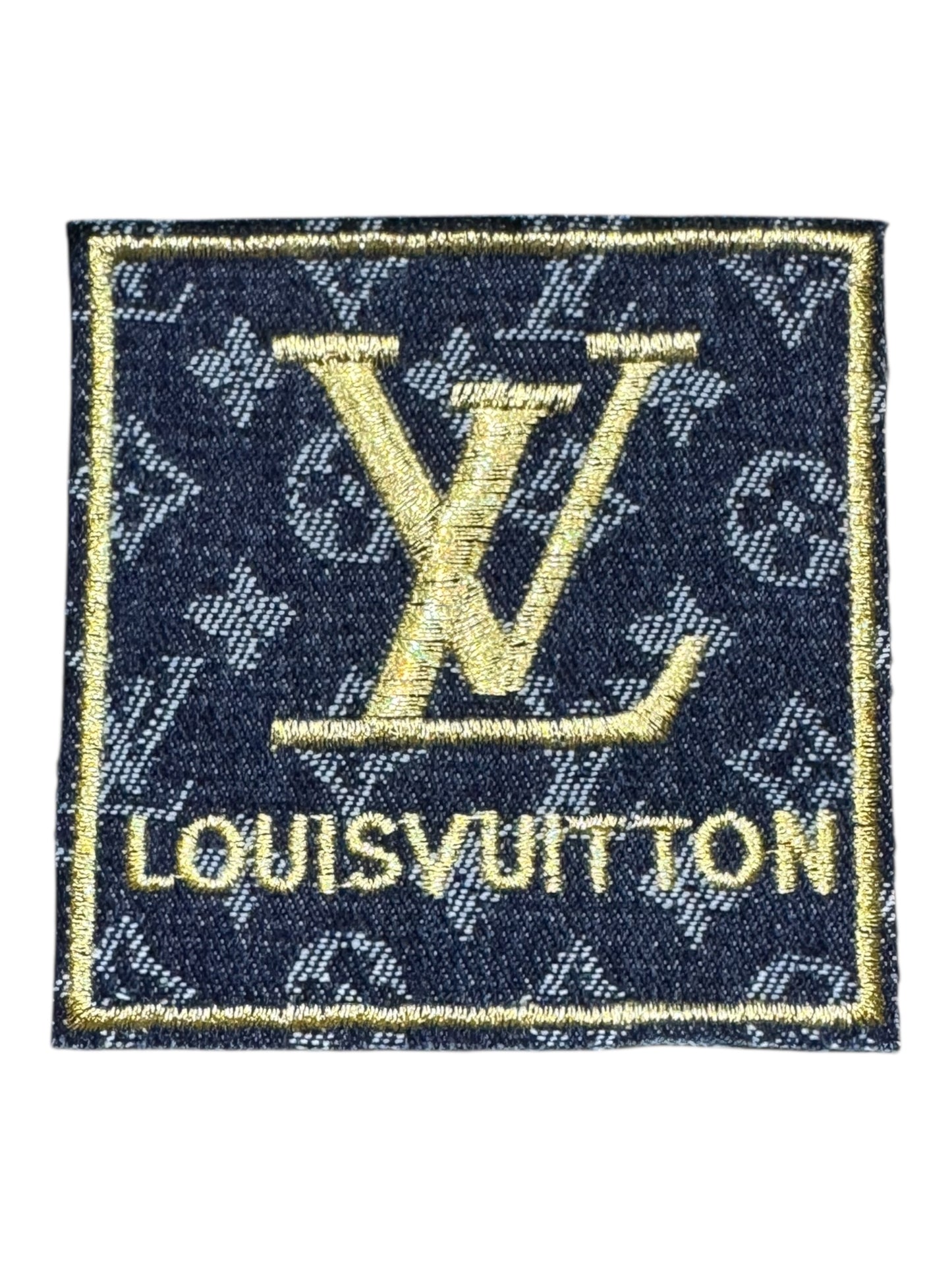 LV-INSPIRED DARK BLUE DENIM SQUARE W/GOLD LETTERS & WORDS