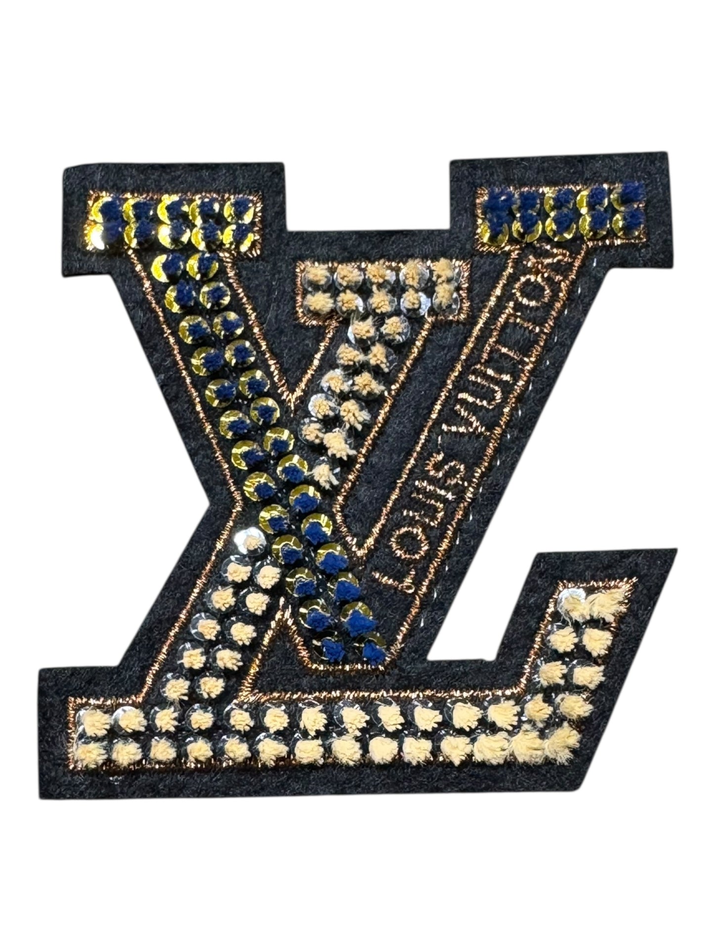 LV-INSPIRED DARK BLUE/BROWN CHENILLE W/GOLD SEQUIN