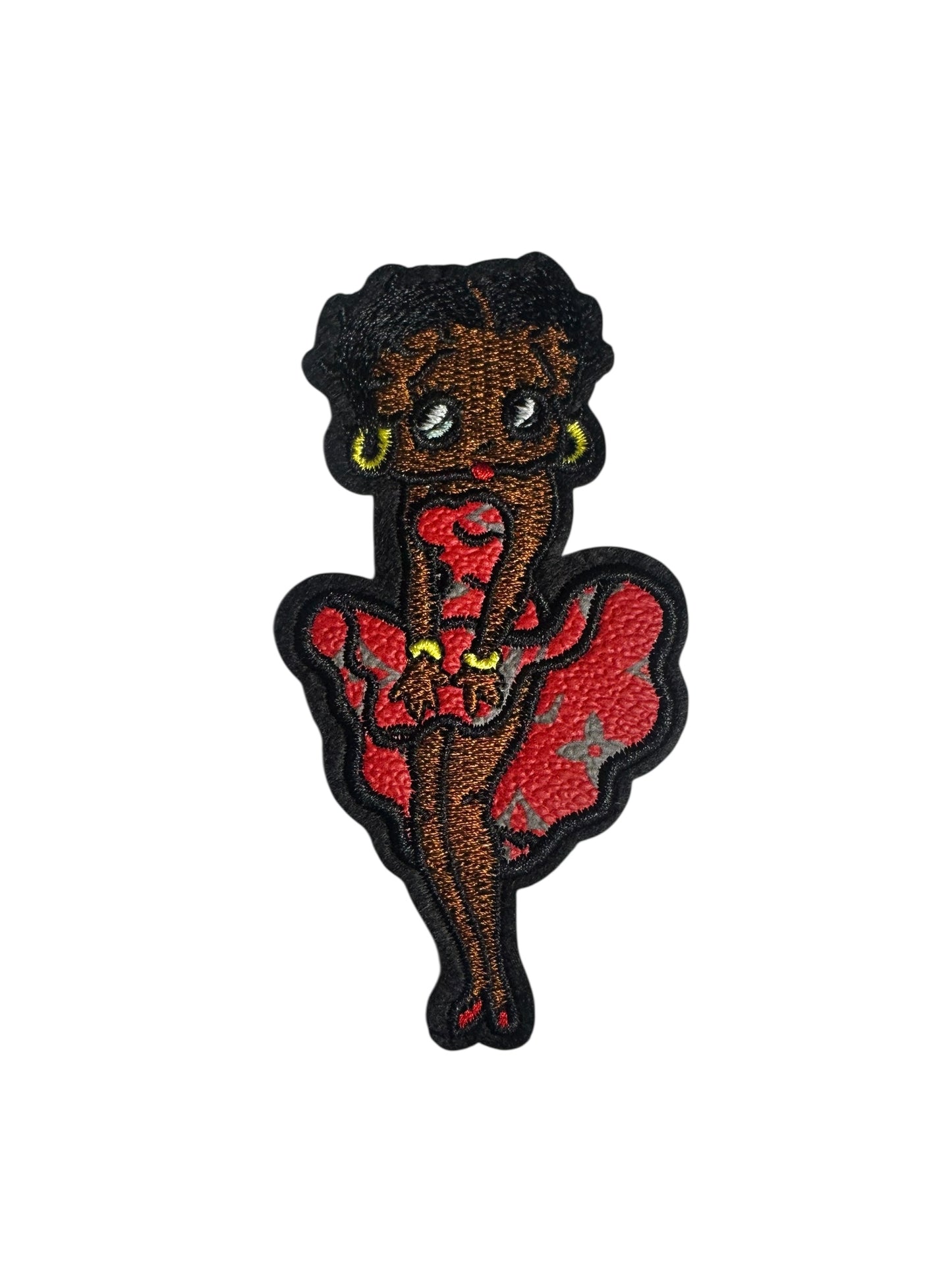 LV-INSPIRED RED FAUX LEATHER BETTY IN DRESS