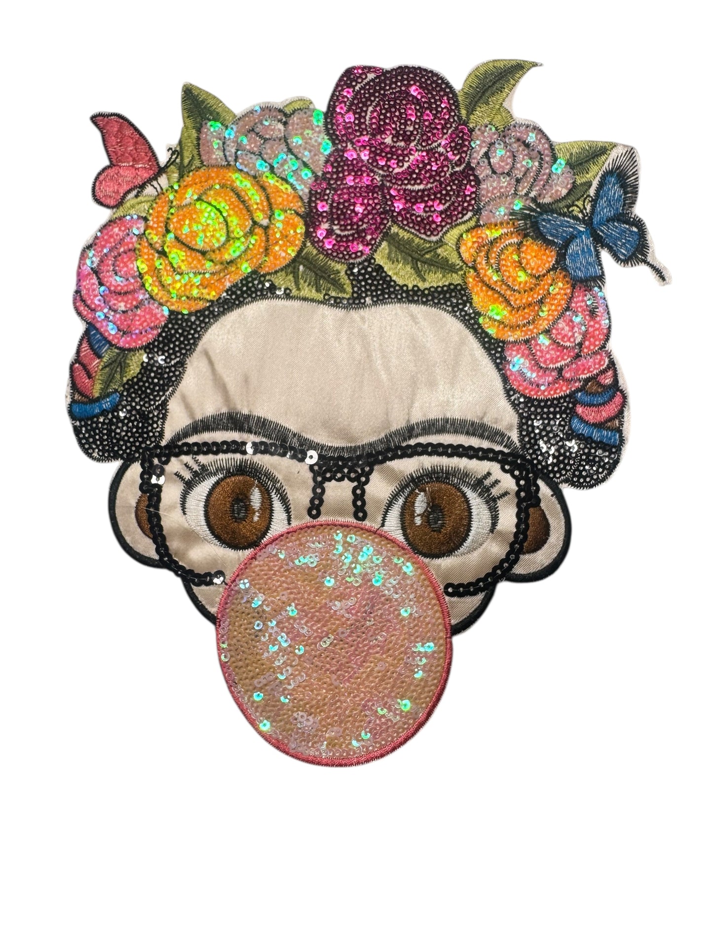 FRIDA KAHLO FLOWER HEAD BUBBLEGUM SEQUIN IRON-ON PATCH