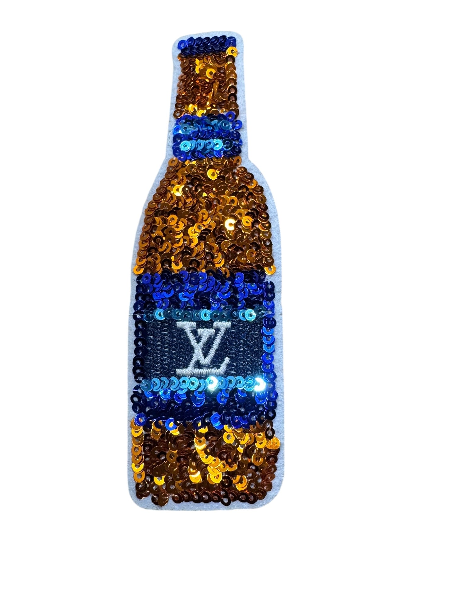 LV-INSPIRED BLUE SEQUIN CHAMPAGNE BOTTLE