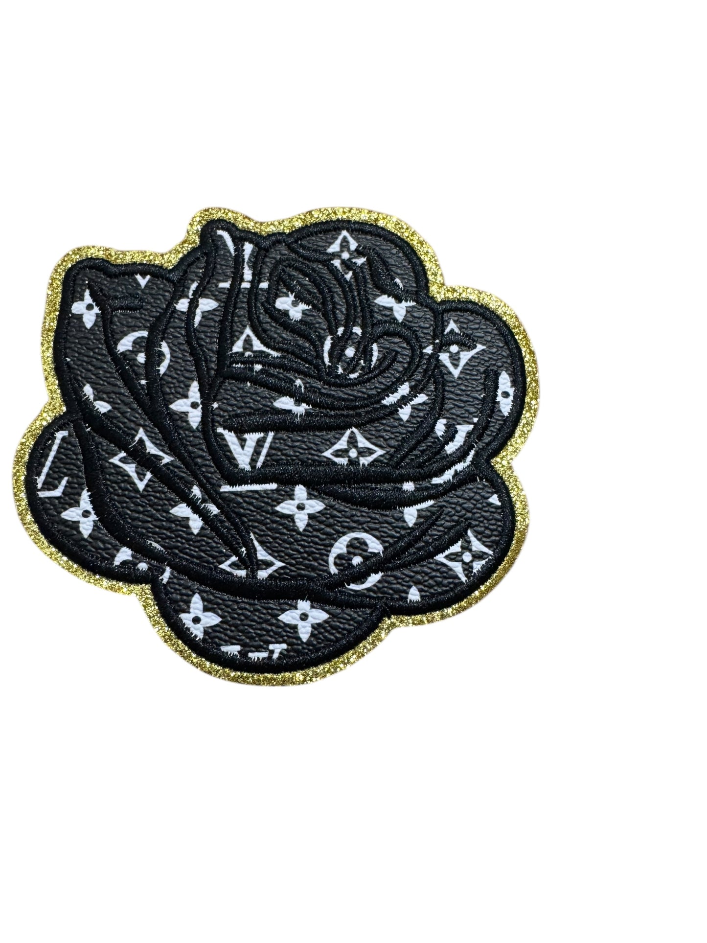 LV-INSPIRED BLACK FAUX LEATHER & GOLD GLITTER ROSE