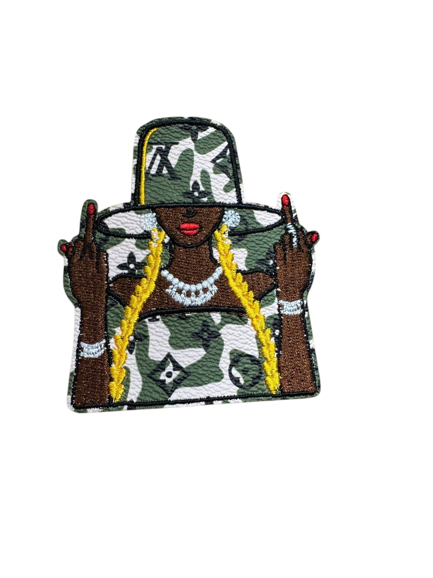 LV-INSPIRED CAMO FAUX LEATHER LADY W/MIDDLE FINGER