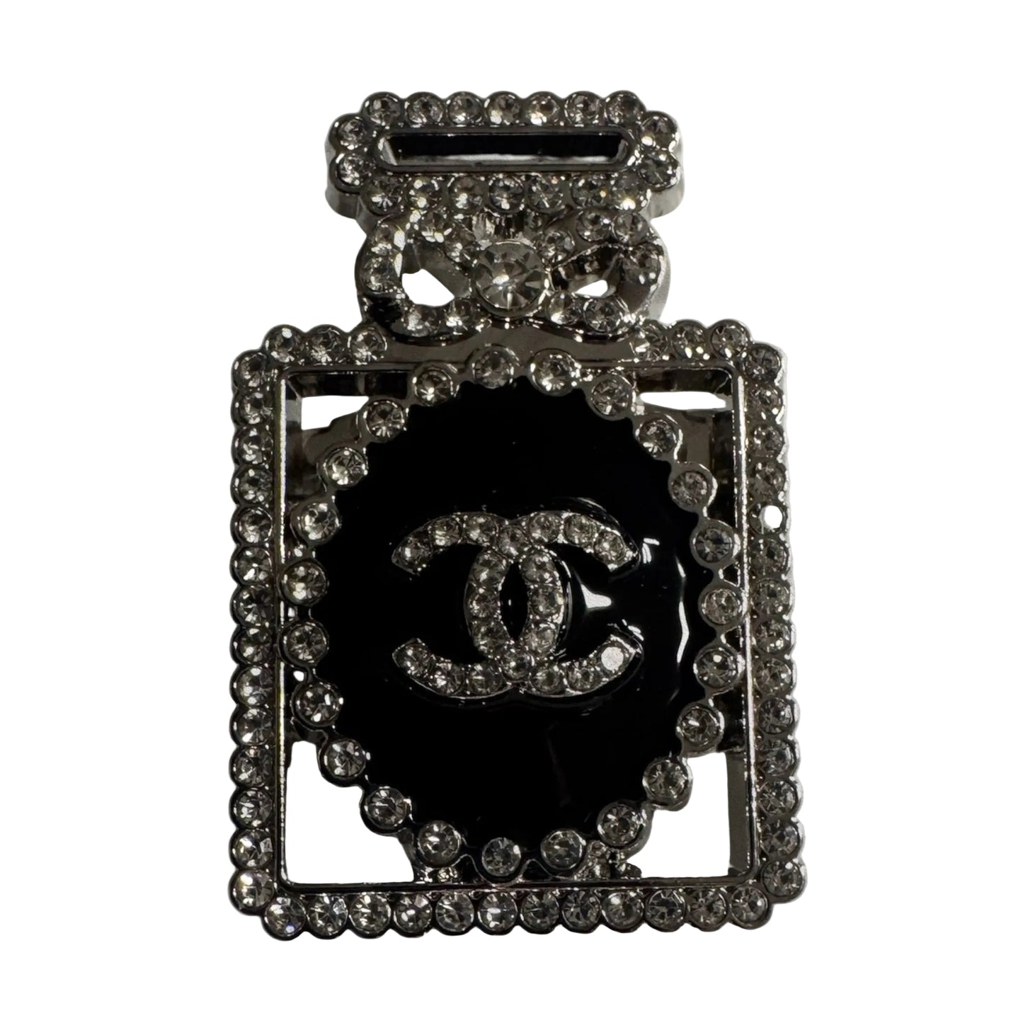Silver & Black Perfume Bottle Brooch – Rhinestone Double-C Designer-Inspired Pin