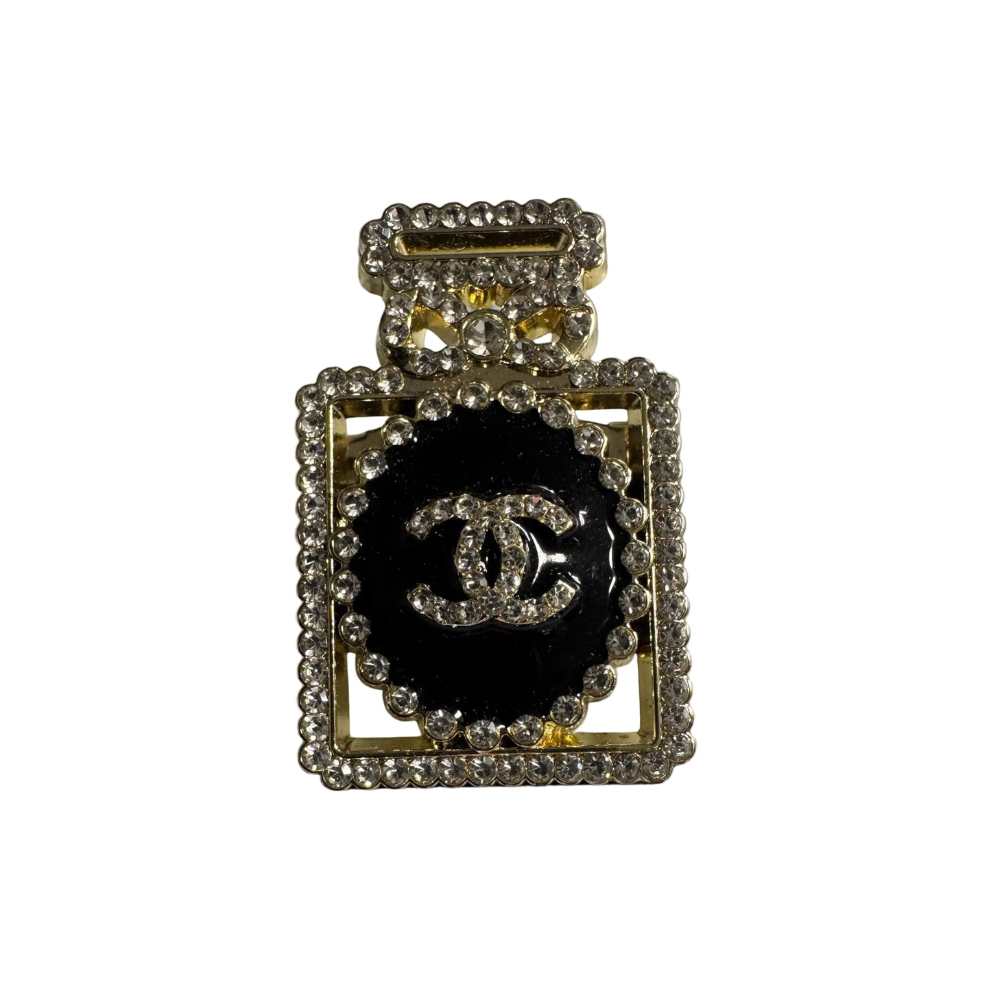 Black & Gold Perfume Bottle Brooch – Rhinestone Double-C Designer-Inspired Pin