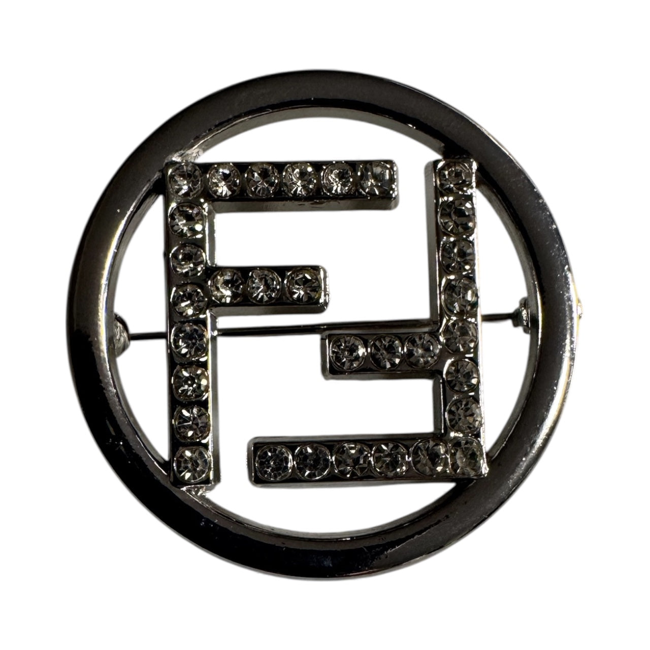 Silver Crystal “F” Circle Brooch – Designer-Inspired Rhinestone Statement Pin