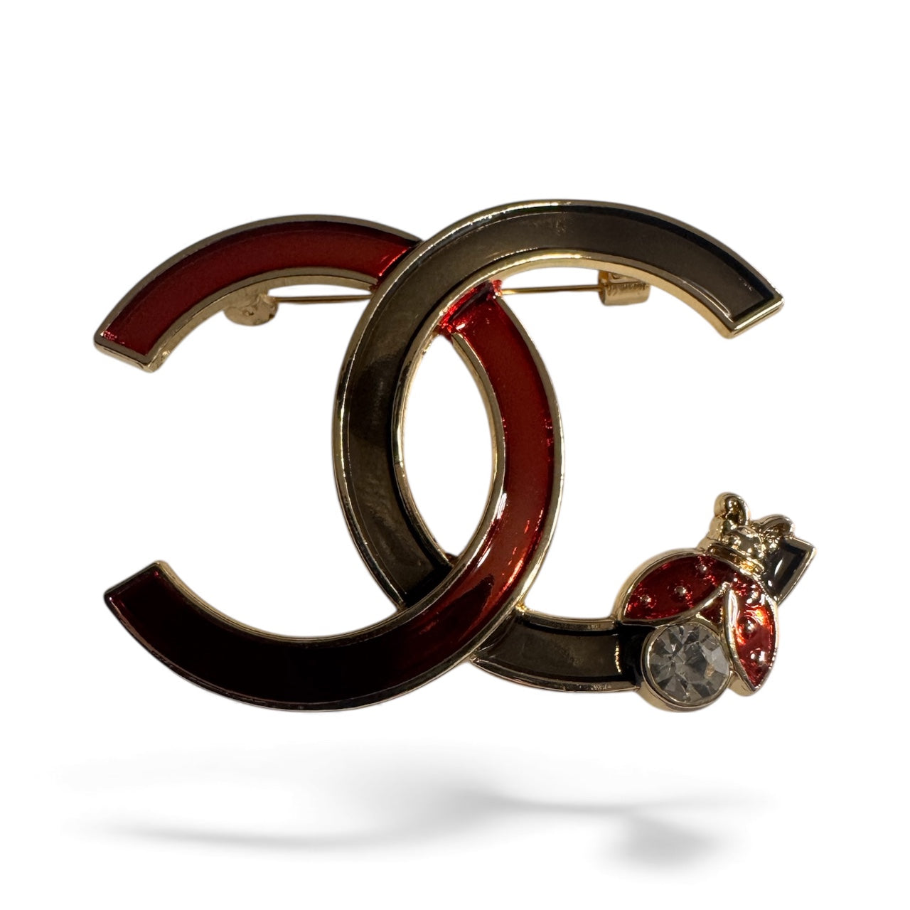 Red & Gold Double-C Ladybug Brooch – Designer-Inspired Enamel Statement Pin