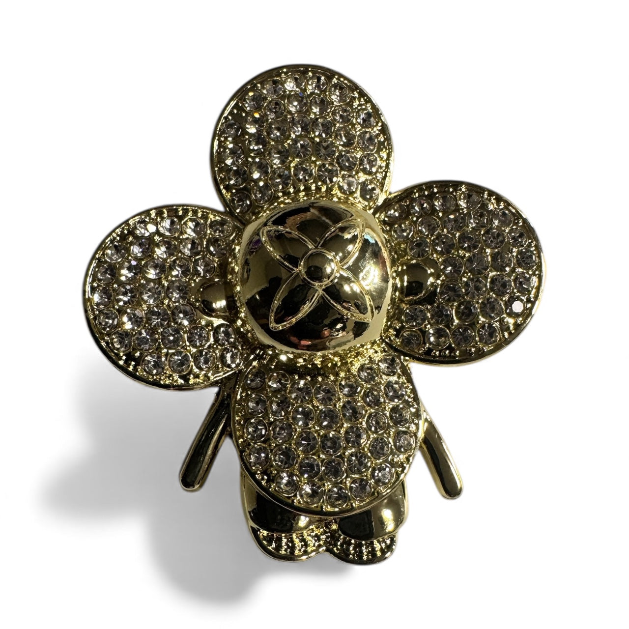 Gold Crystal Flower Character Brooch – Designer-Inspired Glam Statement Pin