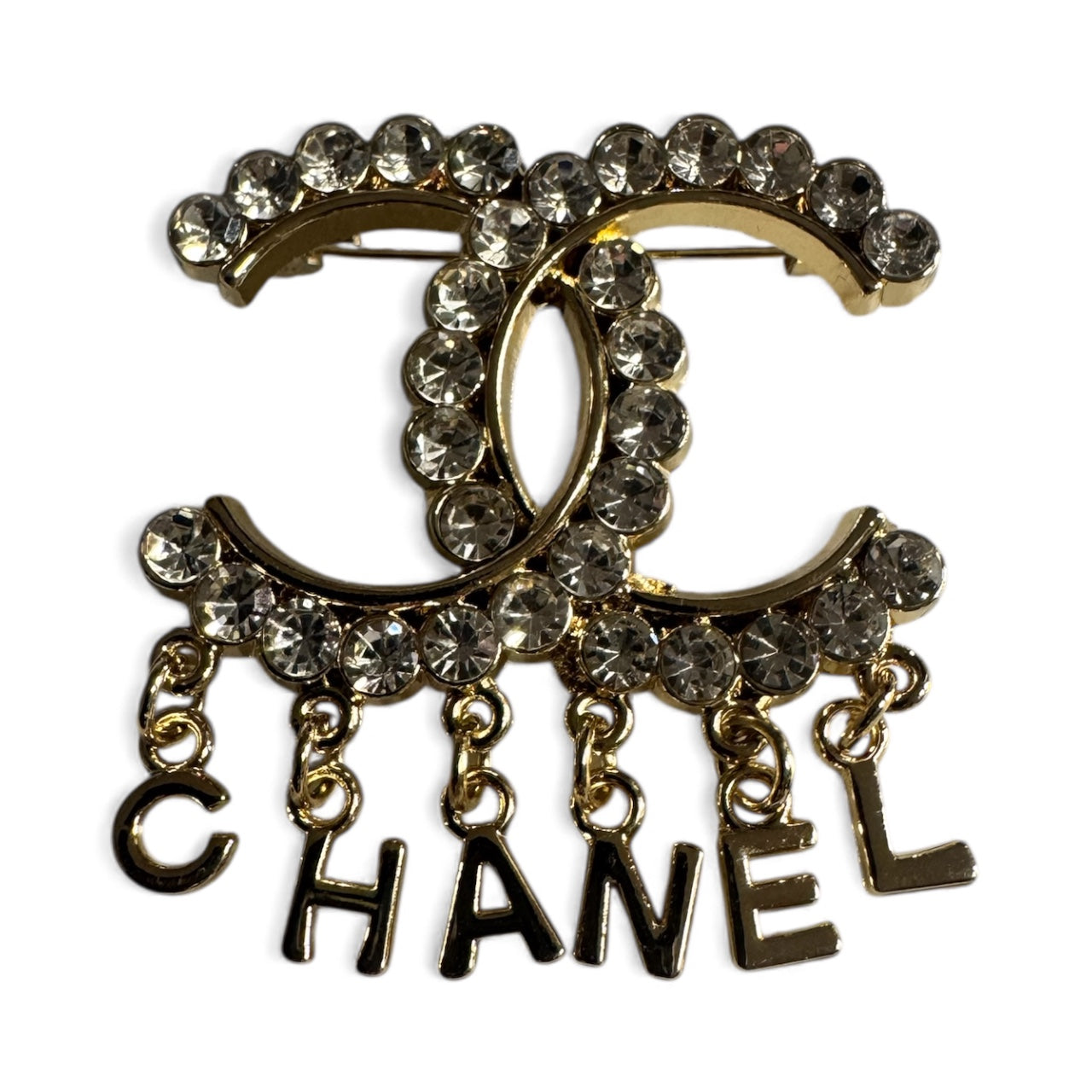 Gold Crystal Double-C “Chanel” Dangle Brooch – Designer-Inspired Glam Pin