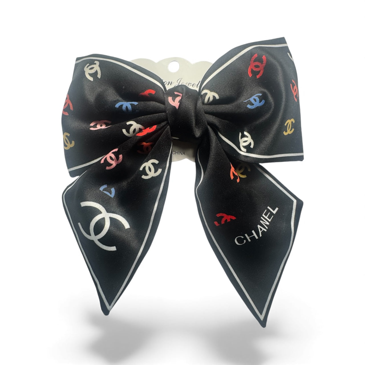 Black Multi-Color Designer-Inspired Satin Hair Bow | Luxury CC Scarf Bow Clip