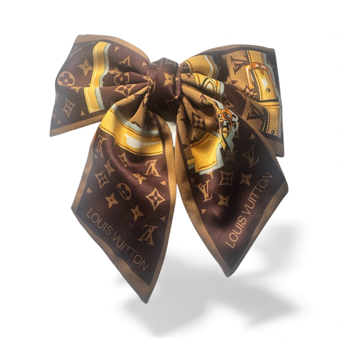 Brown & Gold Designer-Inspired Satin Hair Bow | Luxury Scarf-Style Bow Clip