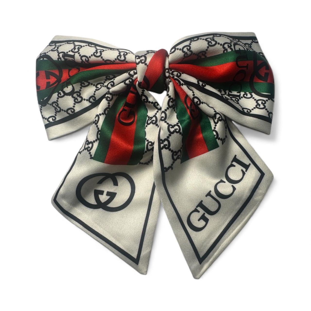 Ivory Red & Green Designer-Inspired Satin Hair Bow | Luxury GG Scarf Bow Clip