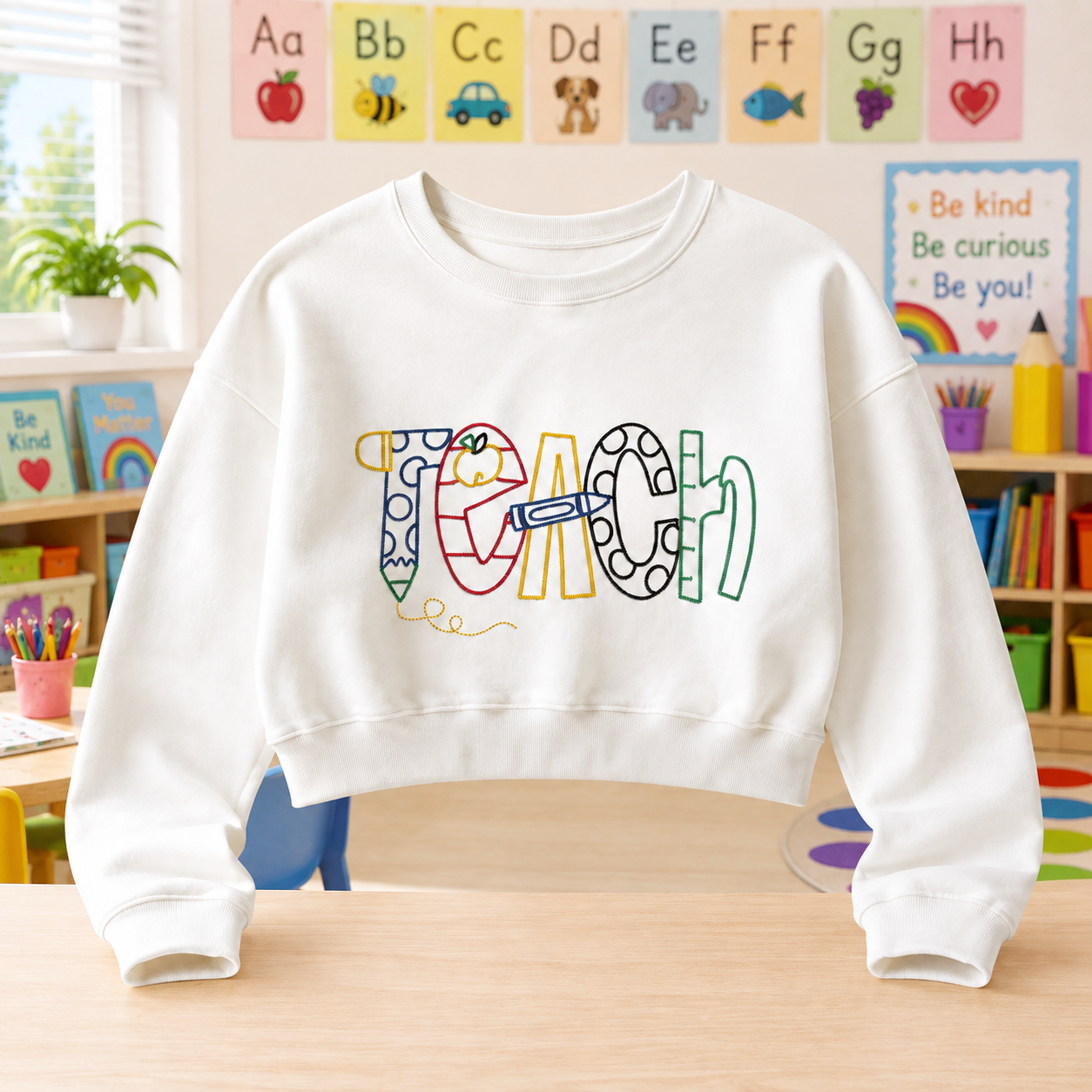 Teach Embroidered Cropped Teacher Sweatshirt