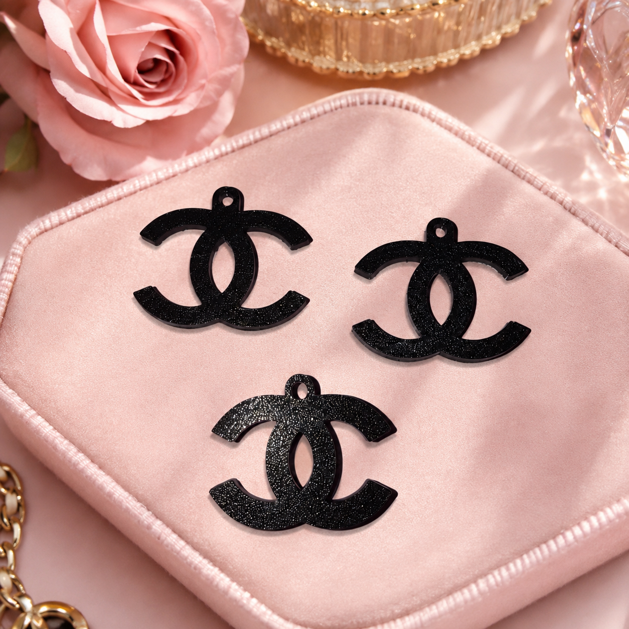 3D Printed Black Double-C Necklace Charm & Earrings