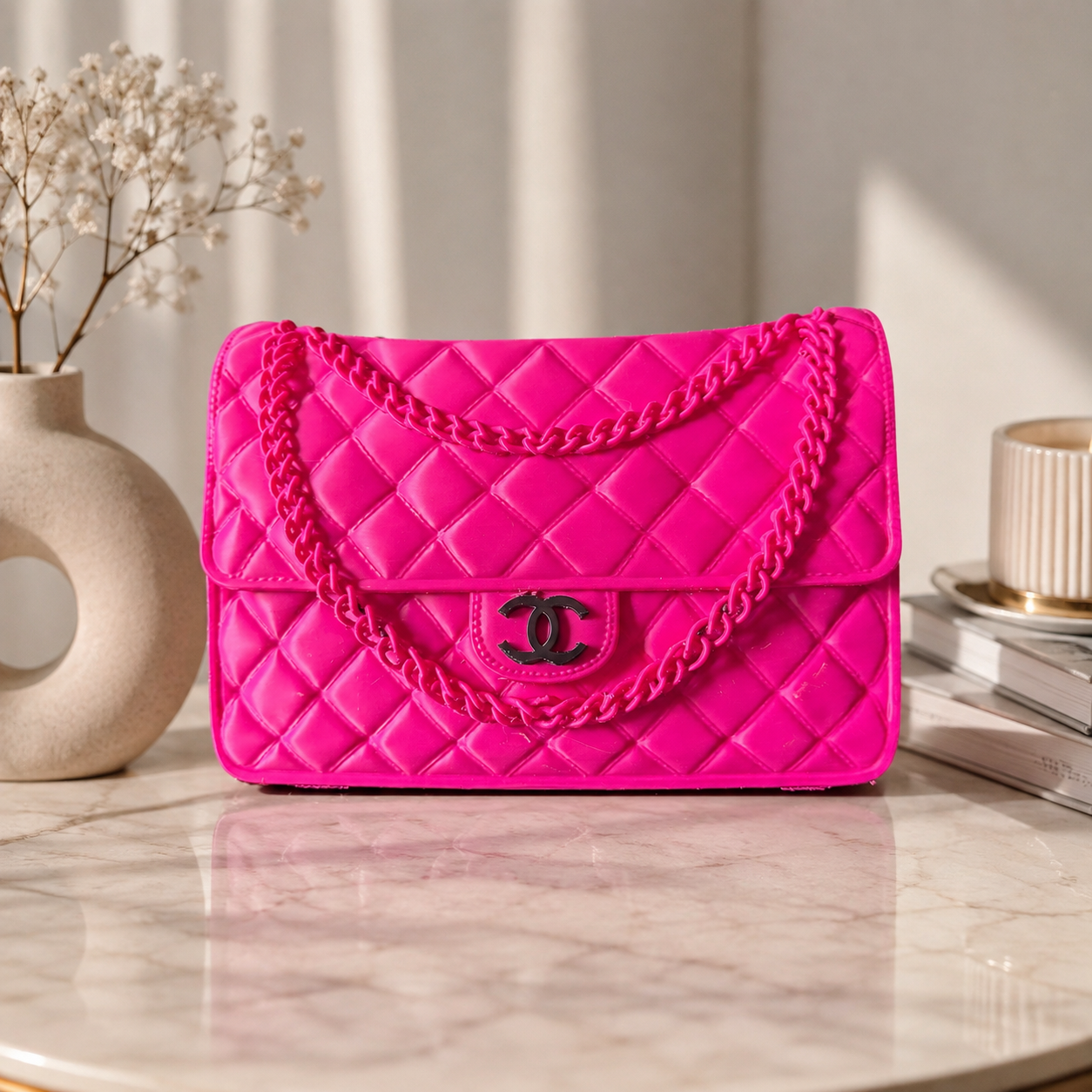 3D Printed Quilted Handbag Flower Vase – Hot Pink Floral Decor
