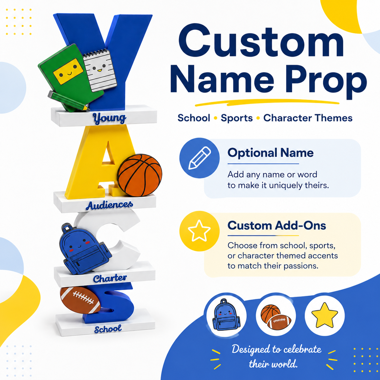Custom 3D Name Prop with Personalized Add-Ons | School, Sports & Character Theme Display