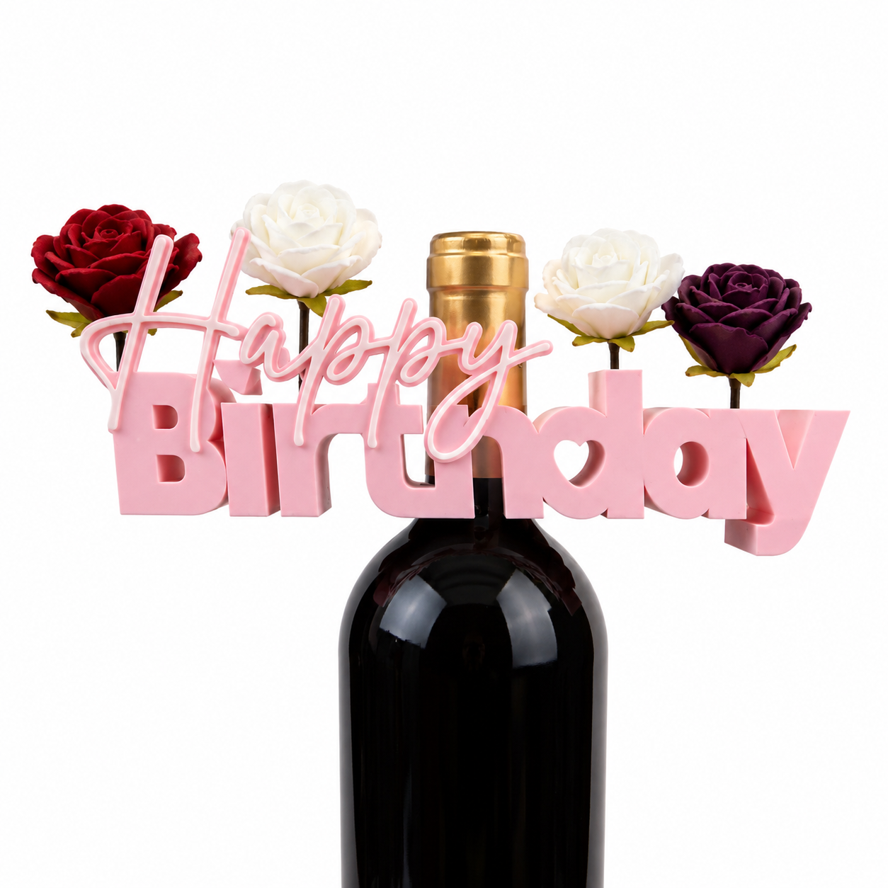 3D Printed Happy Birthday Wine Bottle Topper with Floral Holders