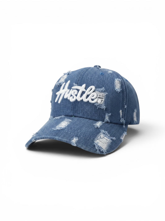 Custom Distressed “Hustle” denim cap