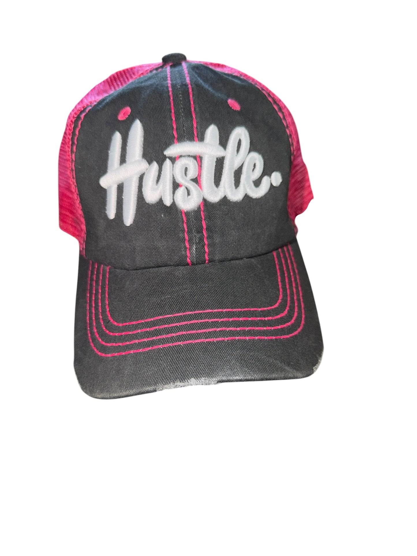 Custom Distressed “Hustle” denim cap Grey/Pink