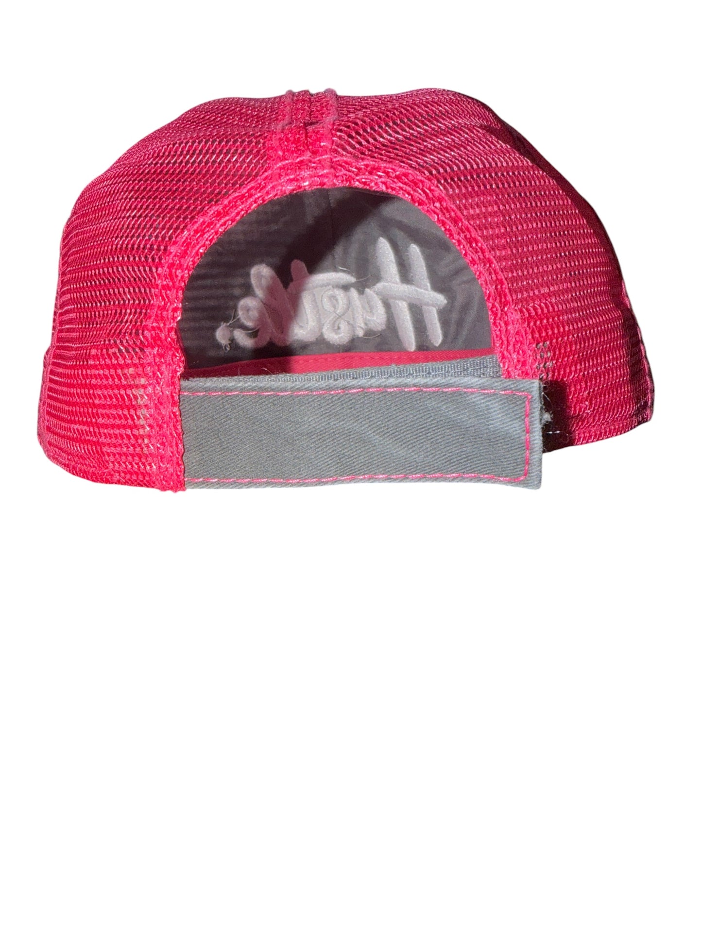 Custom Distressed “Hustle” denim cap Grey/Pink