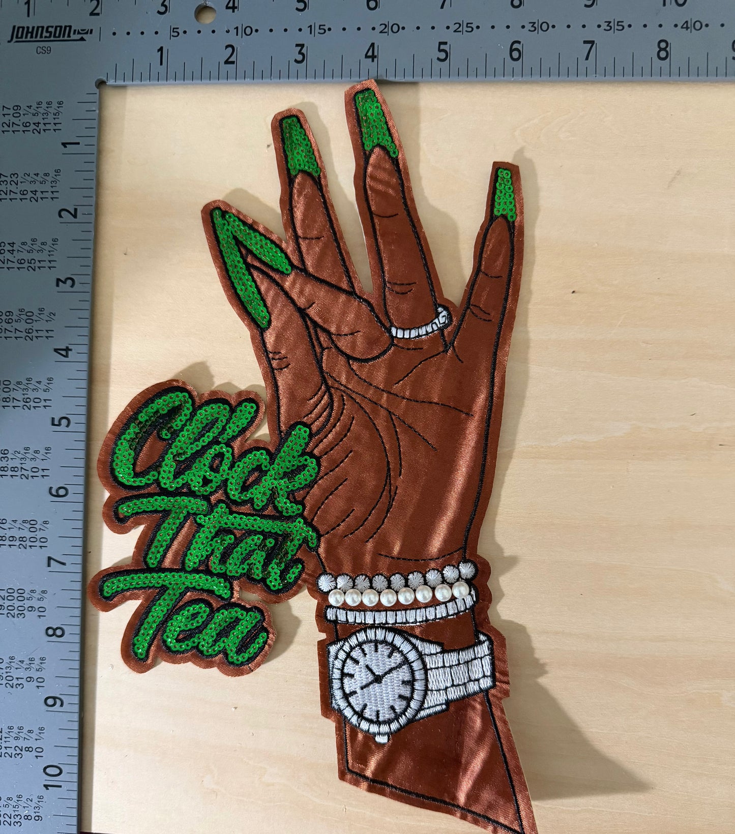 Clock Your Tea Green Hand LARGE Patch
