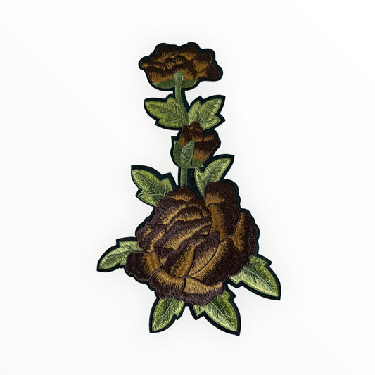 Brown Rose Embroidered Floral LARGE Patch