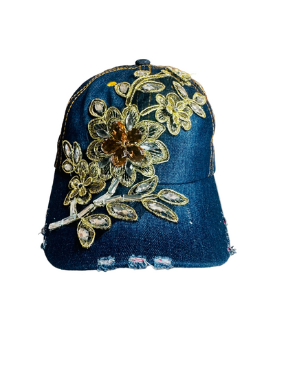 Denim Floral Rhinestone baseball cap