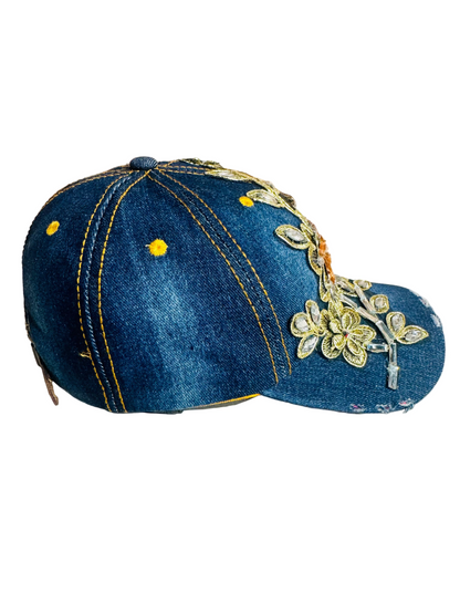 Denim Floral Rhinestone baseball cap