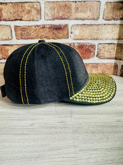 Luxe Black &amp; Gold Rhinestone Denim Cap