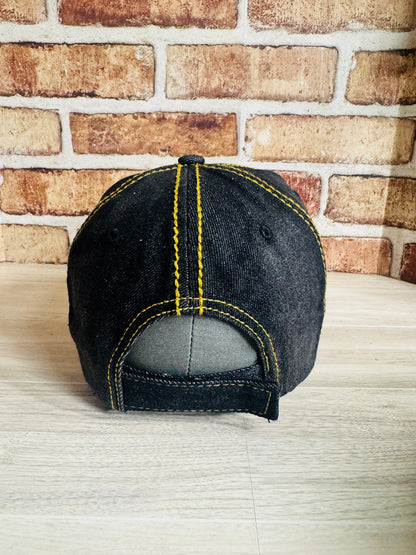 Luxe Black &amp; Gold Rhinestone Denim Cap