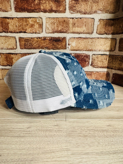 Patchwork Distressed Denim Trucker Cap