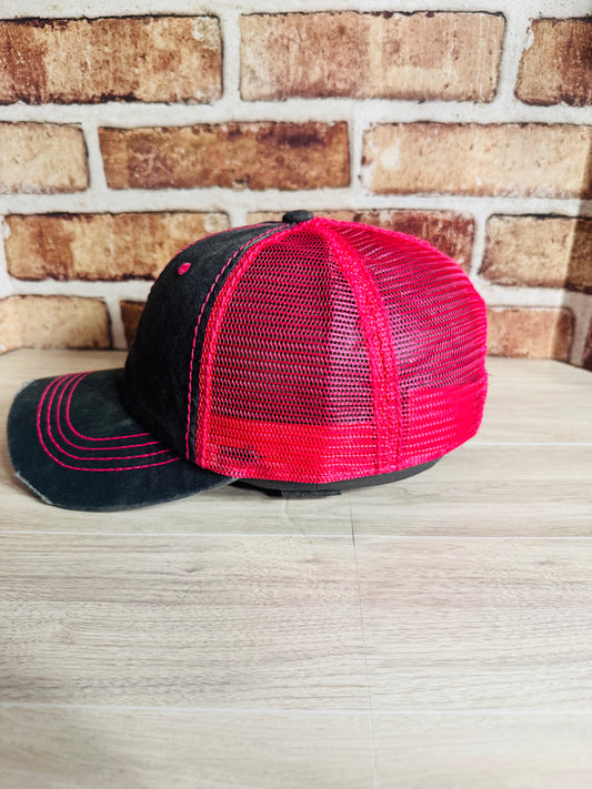 Pink &amp; Grey Distressed Trucker Hat – Classic Mesh Back Cap