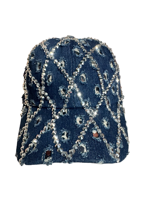 Crystal Glam Distressed Dark Denim Hat