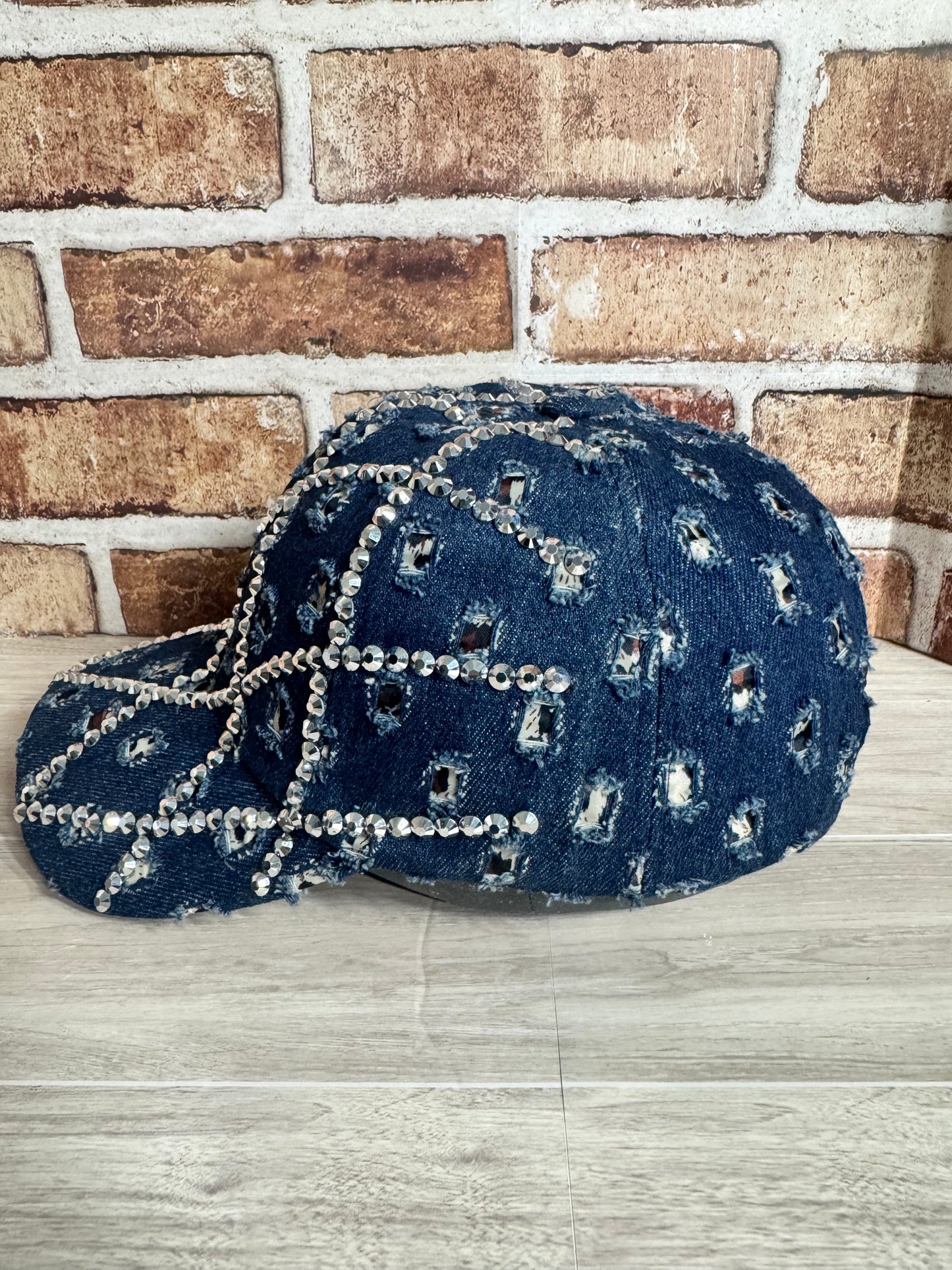Crystal Glam Distressed Dark Denim Hat